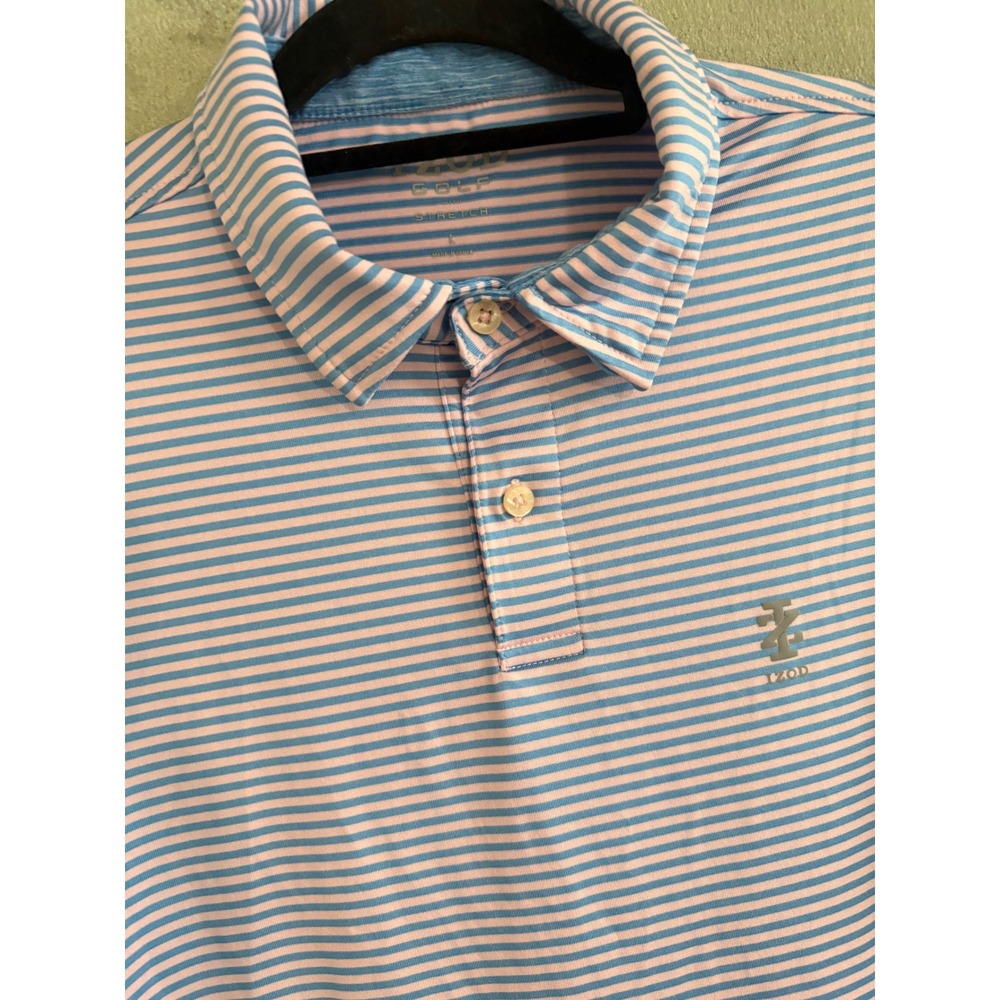 IZOD Golf Stretch Polo Shirt Mens Large L Light Blue White Striped Short Sleeve